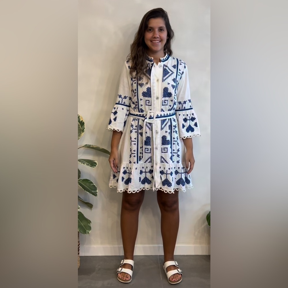 NWT- FARM  Rio Cream and Blue Embroidered Dress - Picture 2 of 5